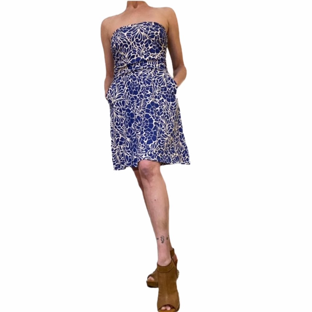 Gap Strapless Dress blue white M smocked pockets